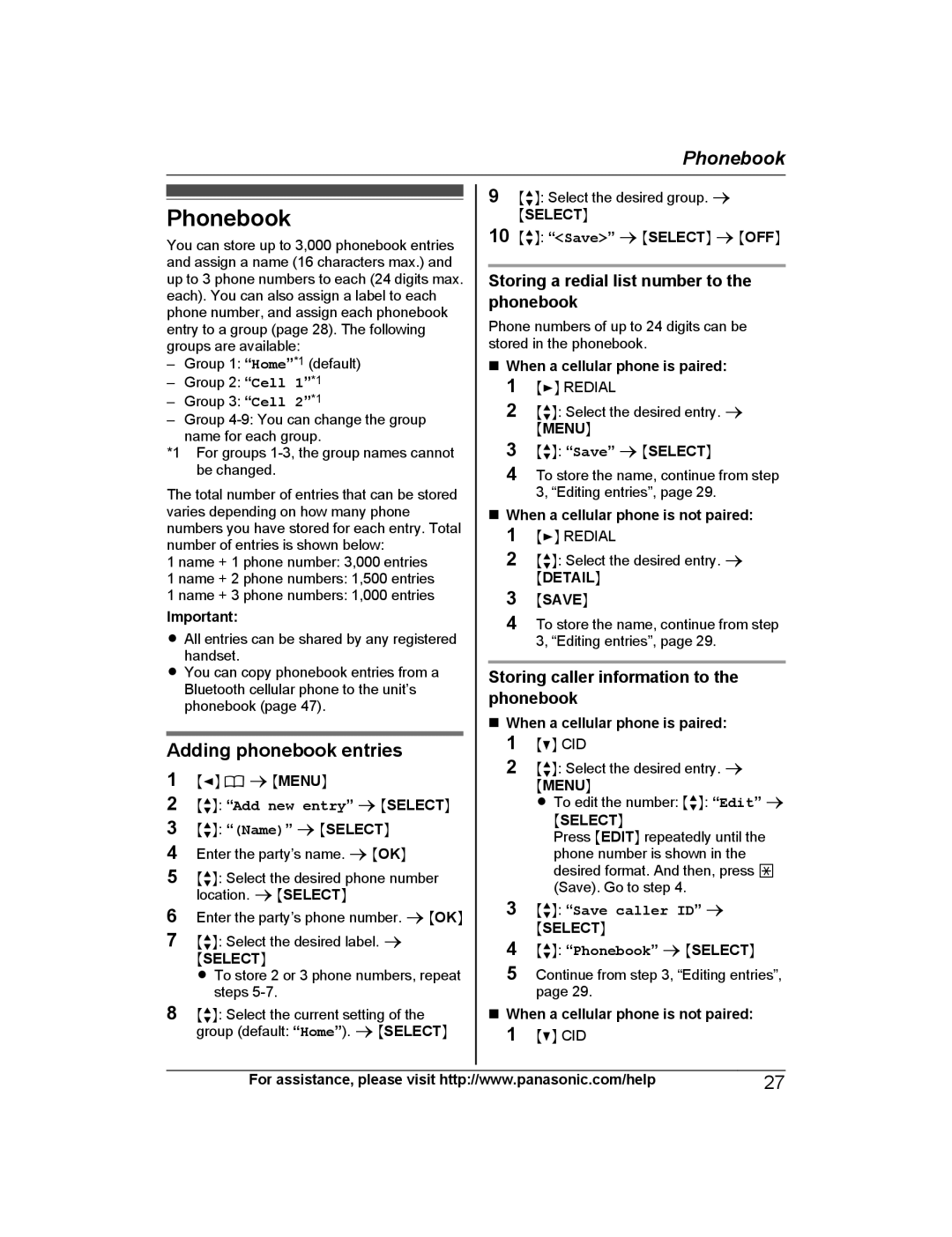 Panasonic KX-PRD262, KX-PRL262 Phonebook, Adding phonebook entries, Storing a redial list number to the phonebook 