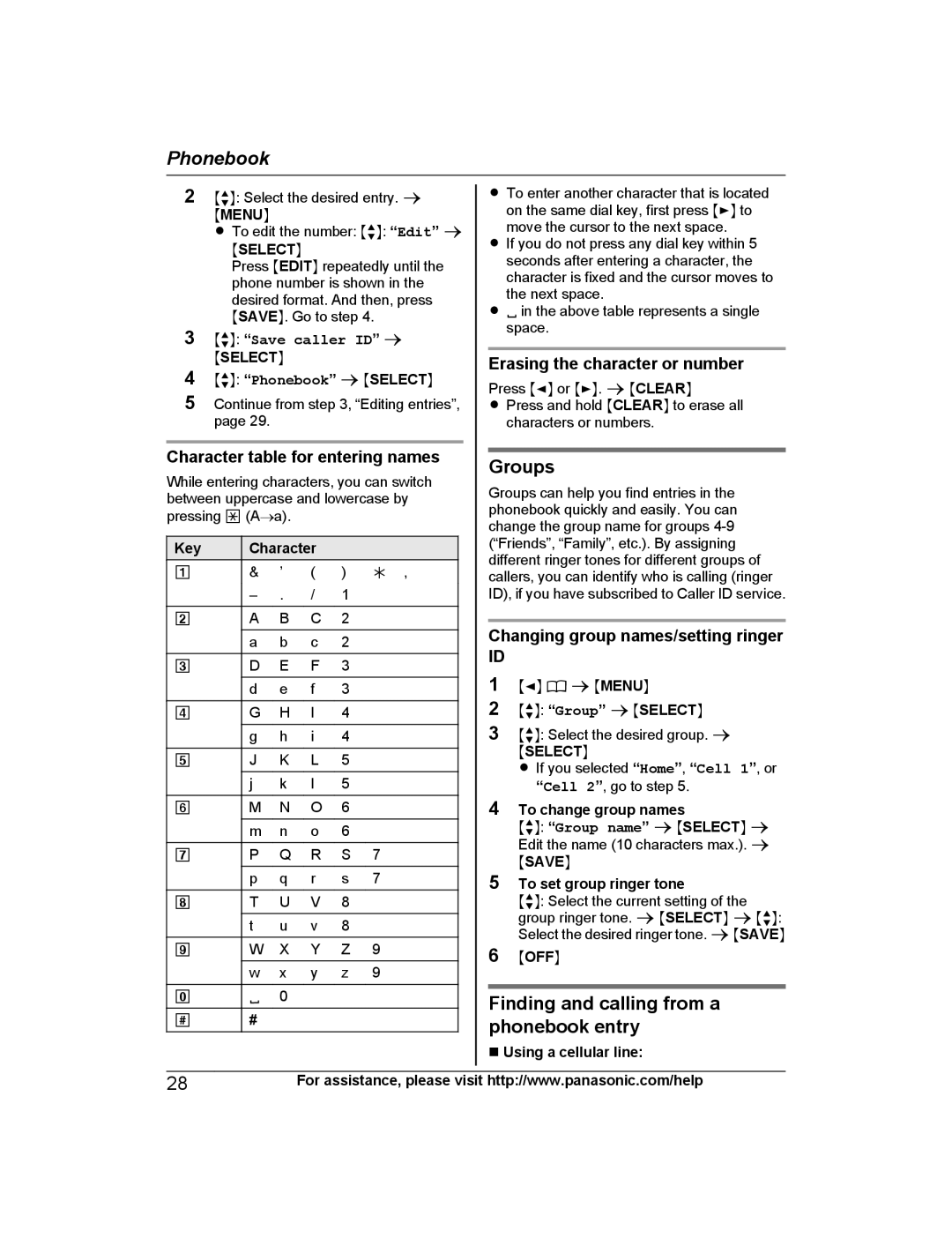 Panasonic KX-PRL262, KX-PRD262 Groups, Finding and calling from a, Phonebook entry, Erasing the character or number 