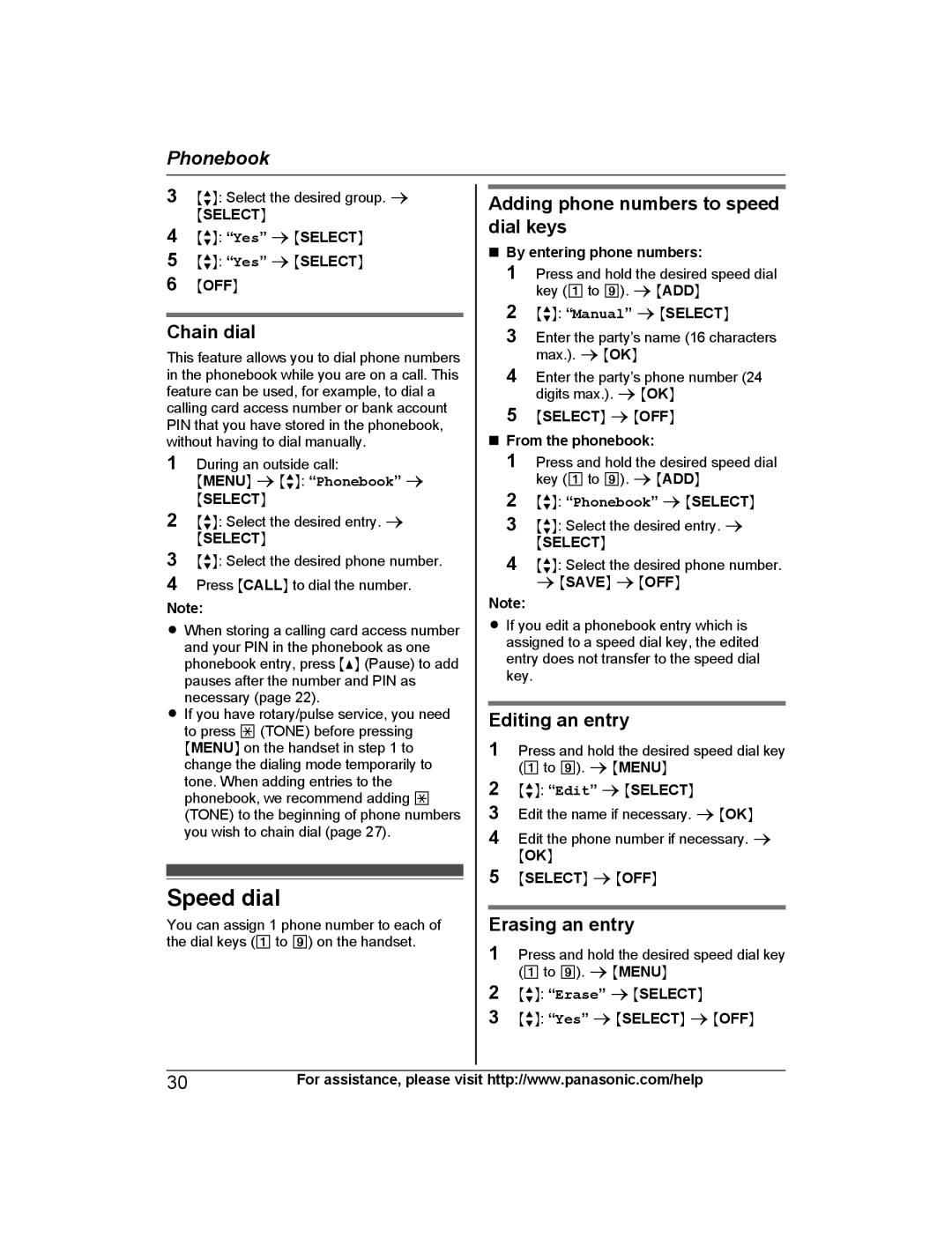 Panasonic KX-PRL262 Speed dial, Chain dial, Adding phone numbers to speed dial keys, Editing an entry, Erasing an entry 