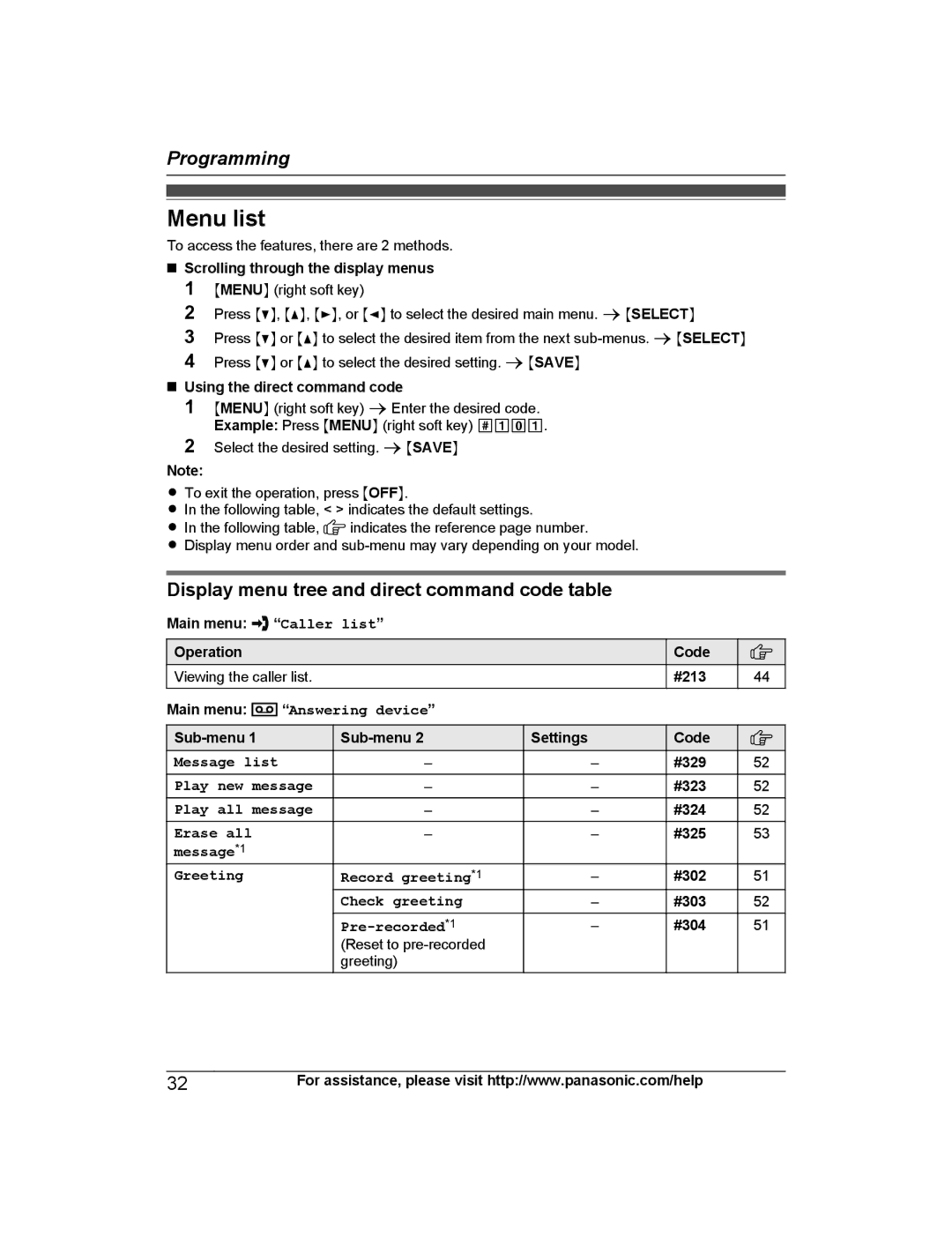 Panasonic KX-PRL262, KX-PRD262 Menu list, Display menu tree and direct command code table, Main menu Answering device 