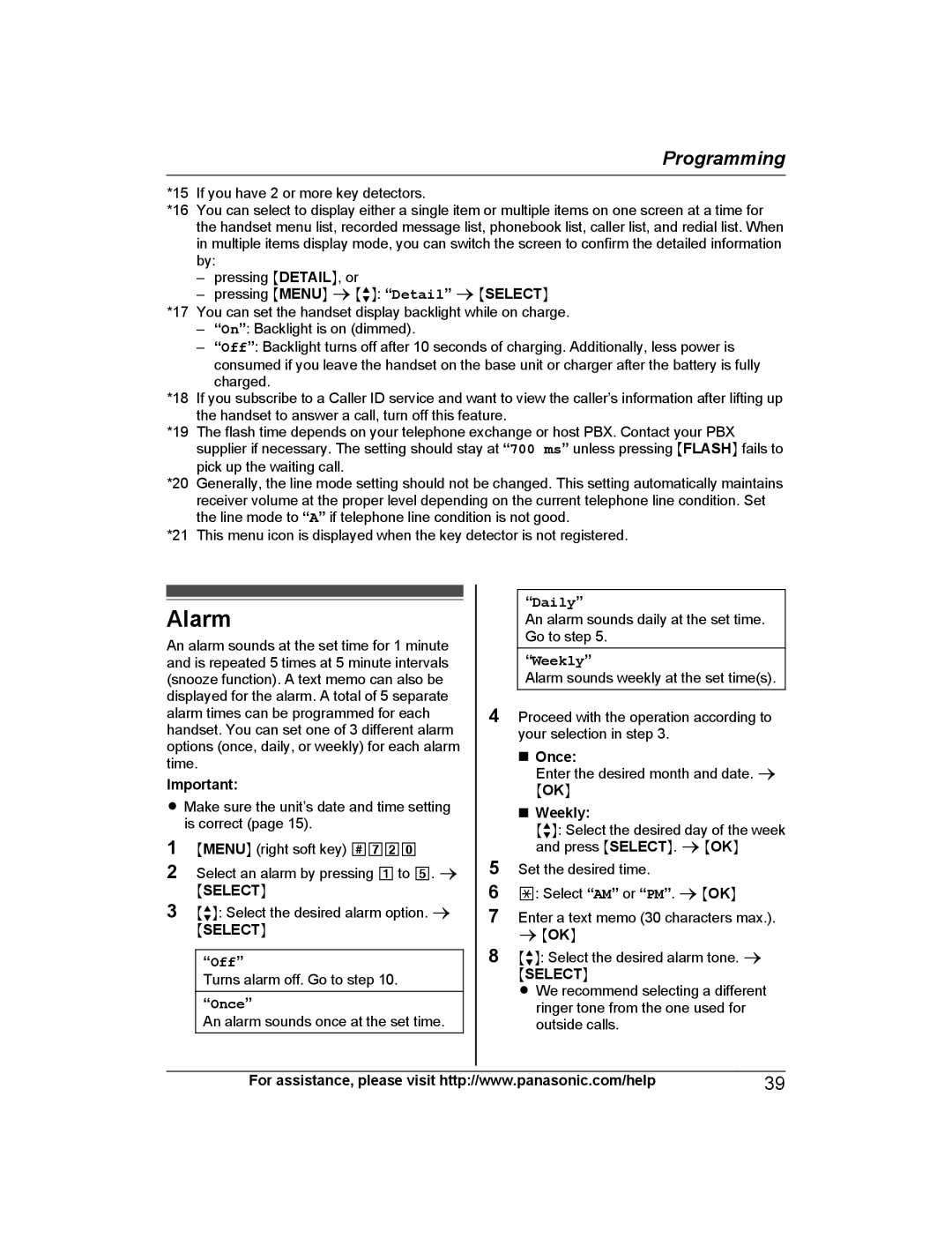 Panasonic KX-PRD262, KX-PRL262 operating instructions Alarm, Once, Weekly 