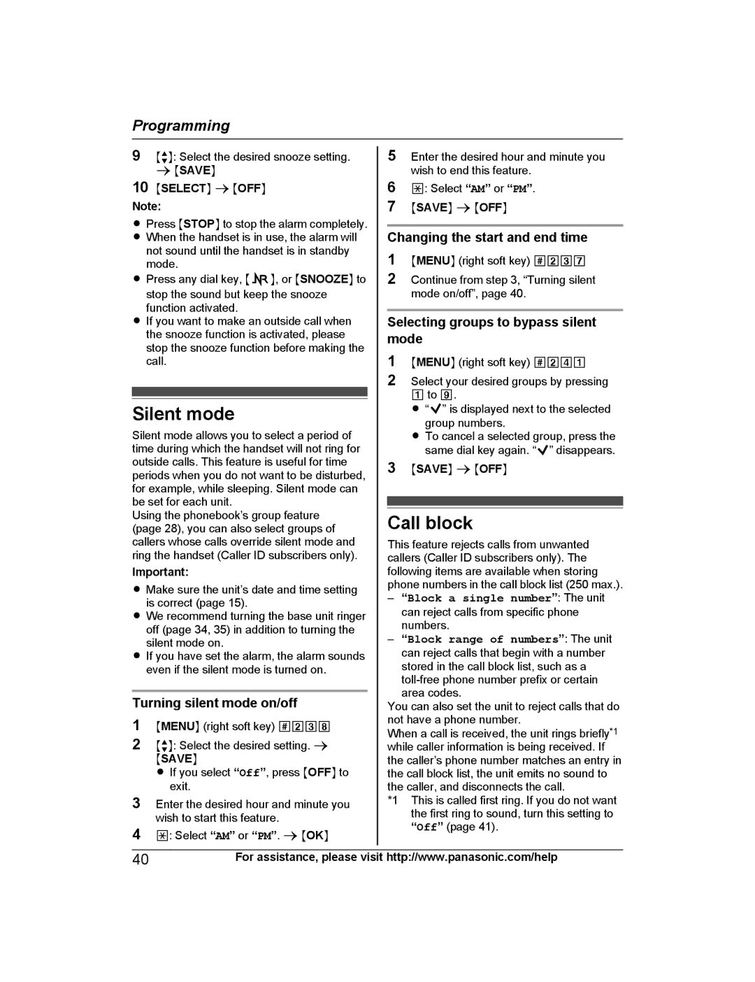 Panasonic KX-PRL262, KX-PRD262 Silent mode, Call block, Turning silent mode on/off, Changing the start and end time 