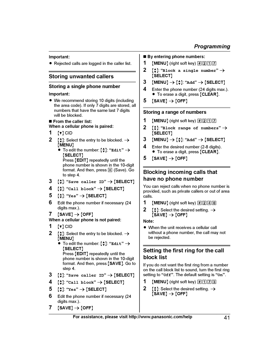 Panasonic KX-PRD262, KX-PRL262 Storing unwanted callers, Blocking incoming calls that have no phone number 