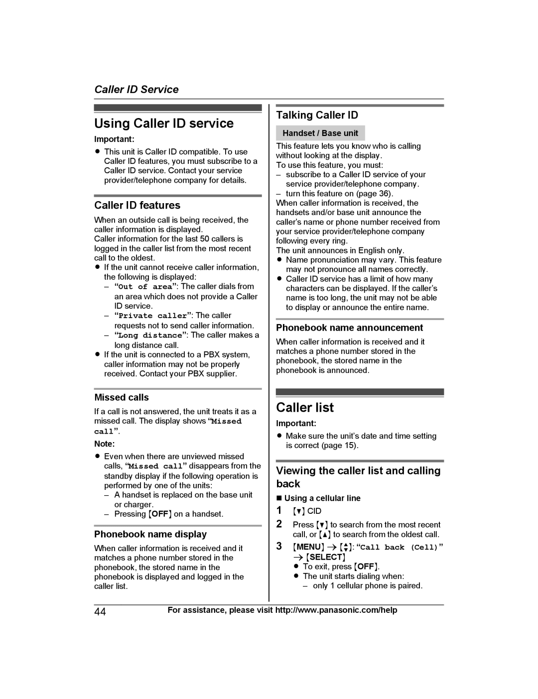 Panasonic KX-PRL262, KX-PRD262 Using Caller ID service, Caller list, Caller ID features, Talking Caller ID 