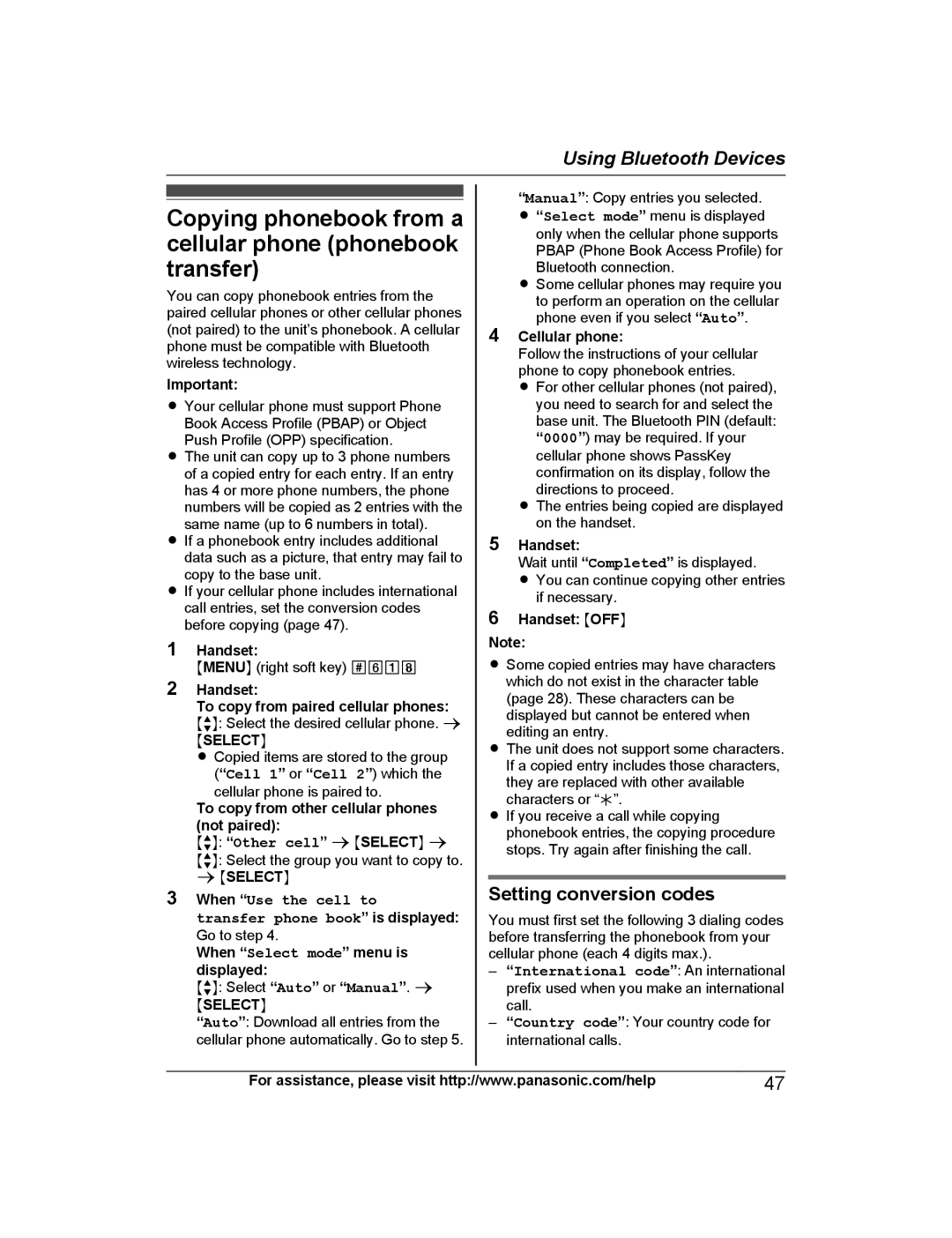 Panasonic KX-PRD262, KX-PRL262 Copying phonebook from a cellular phone phonebook transfer, Setting conversion codes 