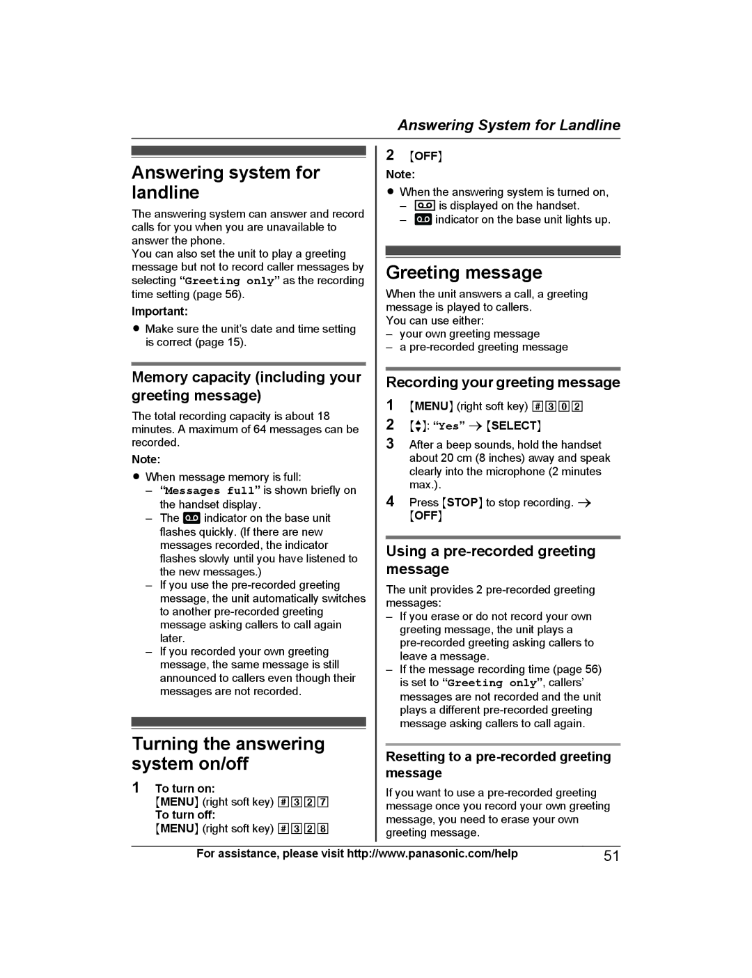 Panasonic KX-PRD262 Answering system for landline, Greeting message, Memory capacity including your greeting message 