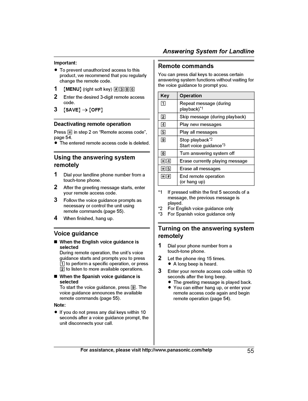 Panasonic KX-PRD262 Using the answering system remotely, Voice guidance, Remote commands, Deactivating remote operation 