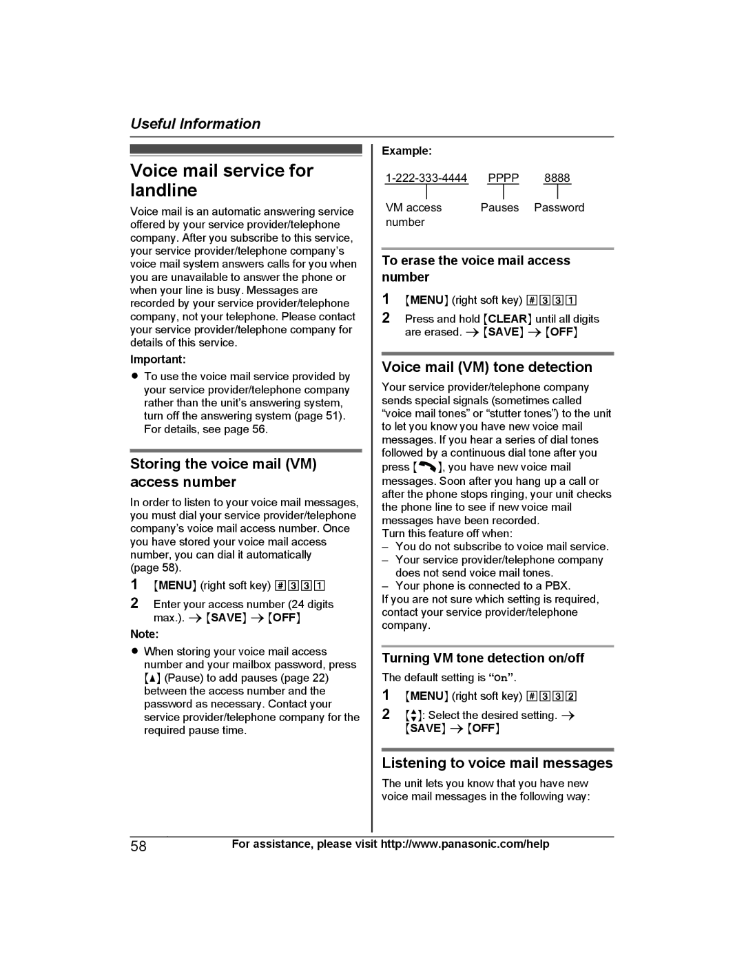 Panasonic KX-PRL262 Voice mail service for landline, Storing the voice mail VM access number, Voice mail VM tone detection 