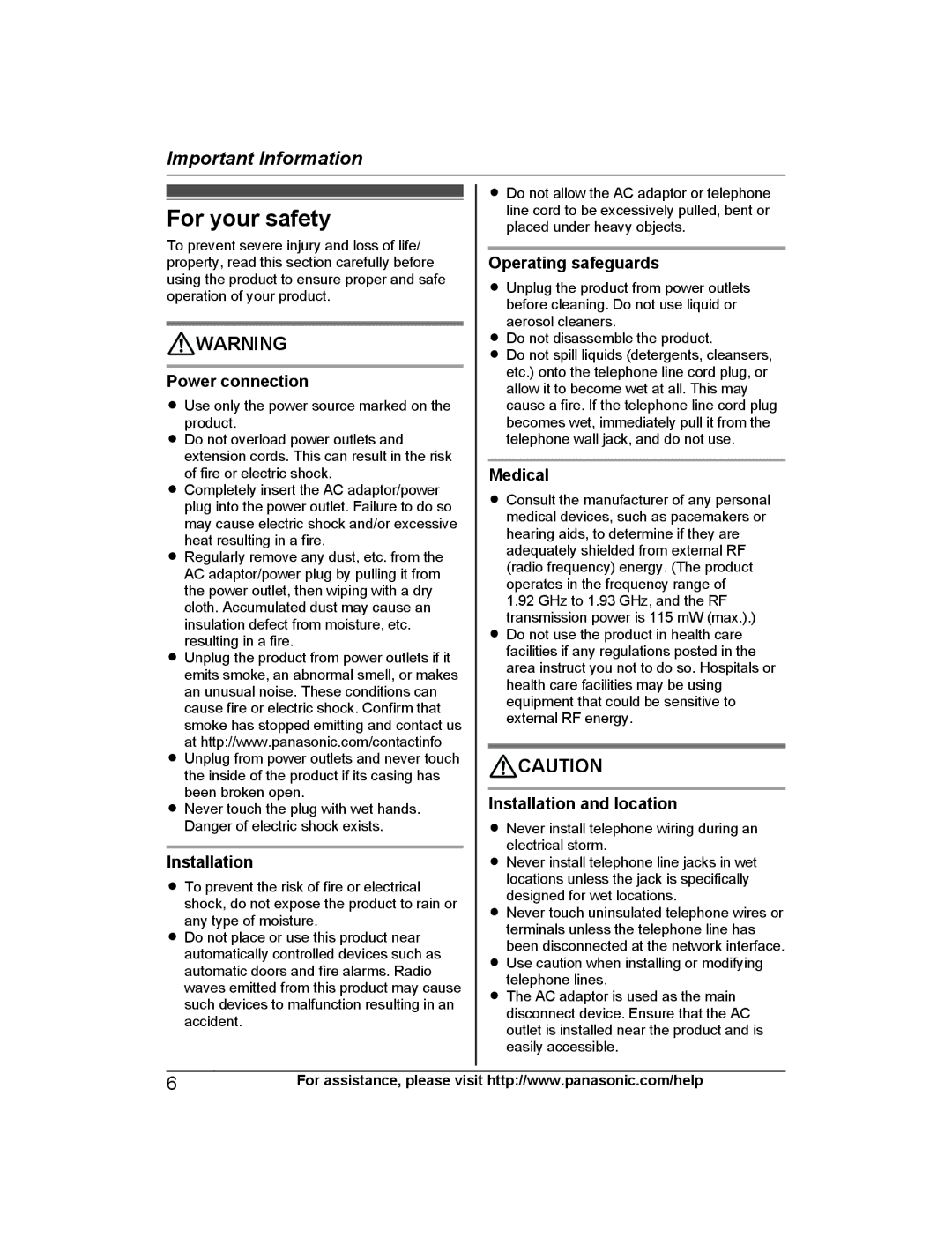 Panasonic KX-PRL262, KX-PRD262 operating instructions For your safety 