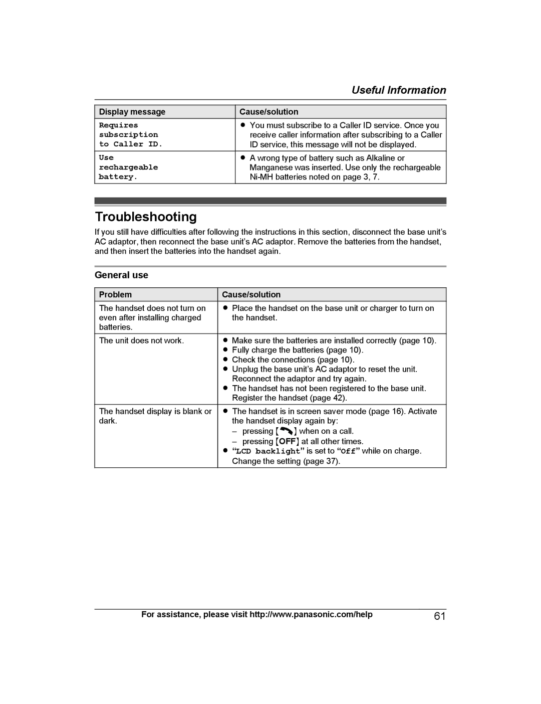 Panasonic KX-PRD262 Troubleshooting, General use, Requires subscription to Caller ID Use rechargeable battery, Problem 