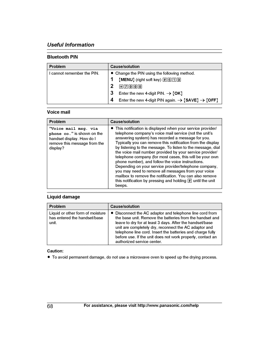 Panasonic KX-PRL262, KX-PRD262 operating instructions Bluetooth PIN, Liquid damage, Voice mail msg. via 