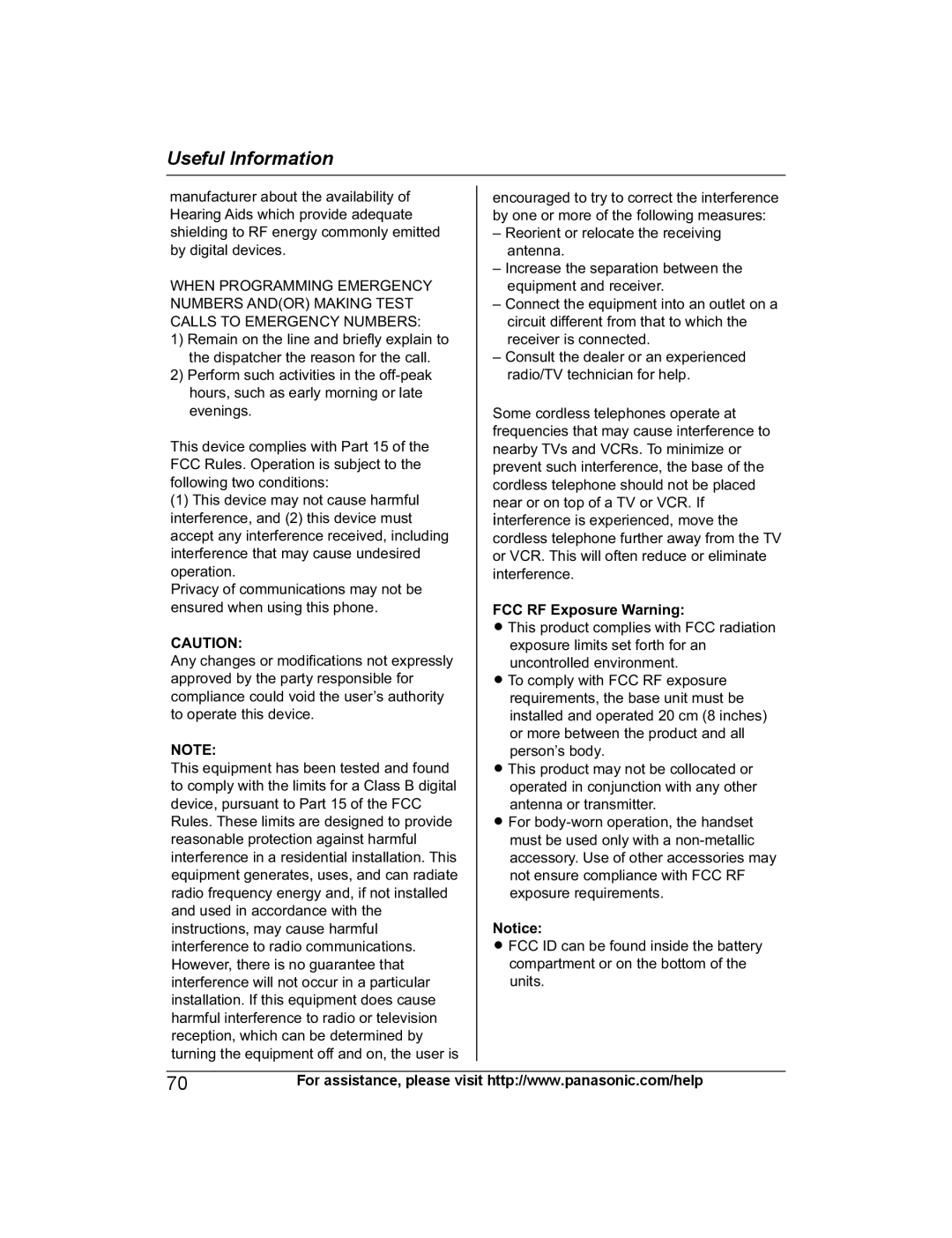 Panasonic KX-PRL262, KX-PRD262 operating instructions FCC RF Exposure Warning 