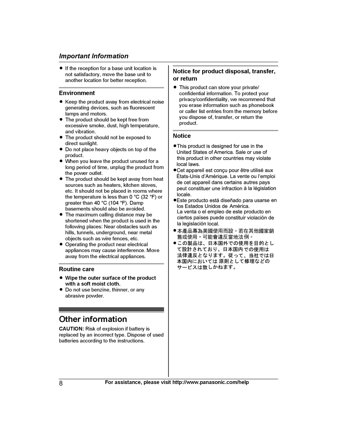 Panasonic KX-PRL262, KX-PRD262 operating instructions Other information, Environment, Routine care 