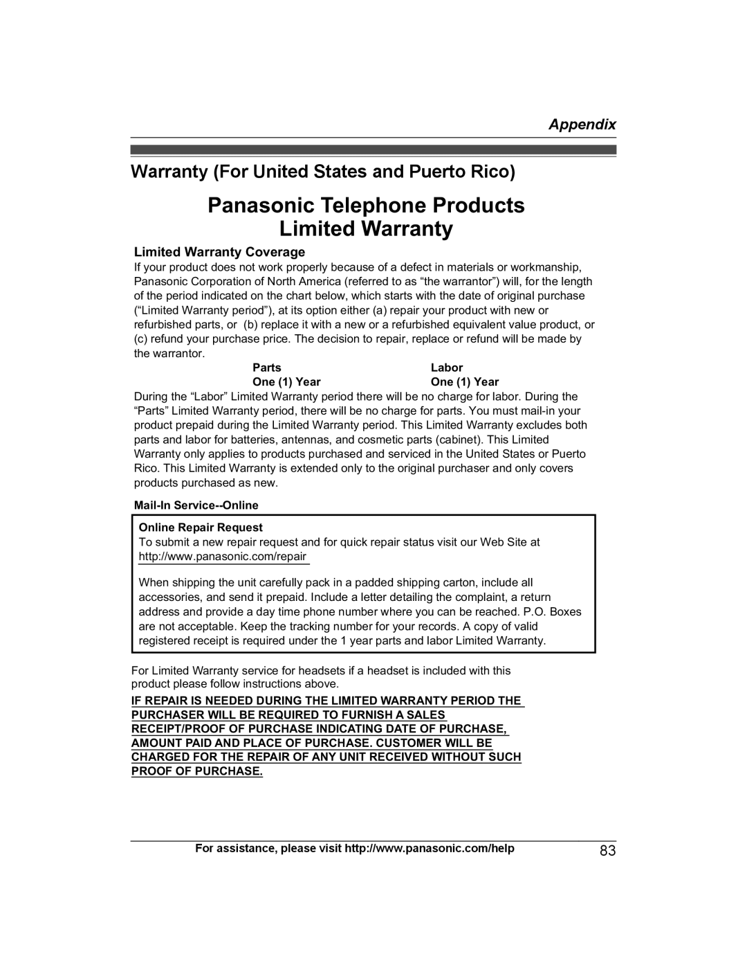 Panasonic KX-PRD262 Warranty For United States and Puerto Rico, Limited Warranty Coverage, Parts Labor One 1 Year 