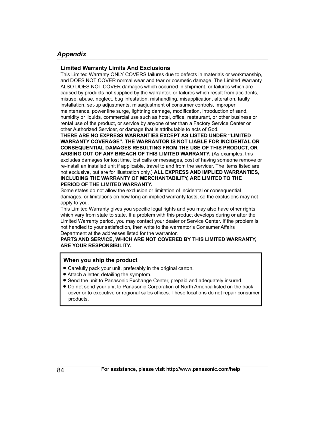 Panasonic KX-PRL262, KX-PRD262 operating instructions Limited Warranty Limits And Exclusions, When you ship the product 