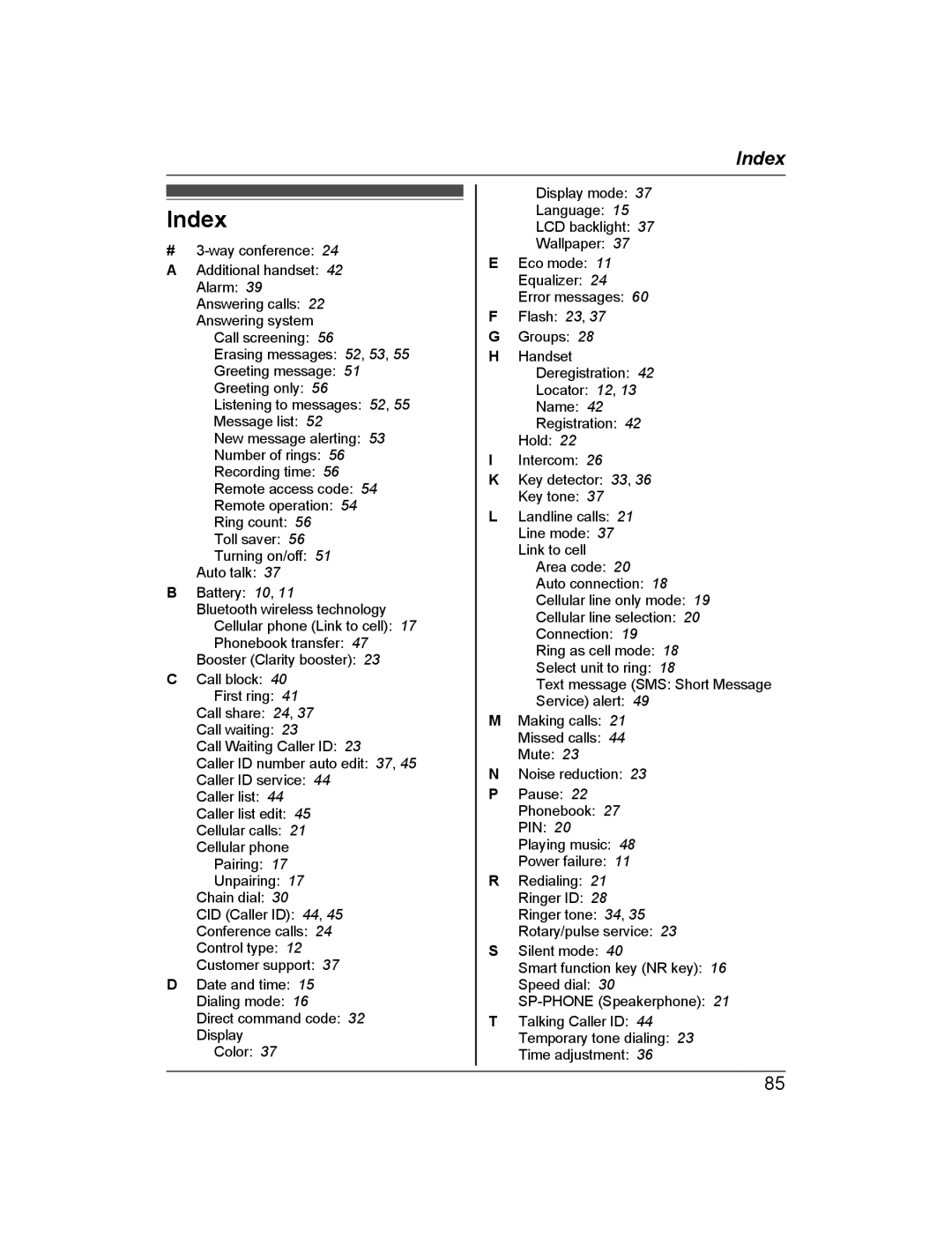 Panasonic KX-PRD262, KX-PRL262 operating instructions Index 