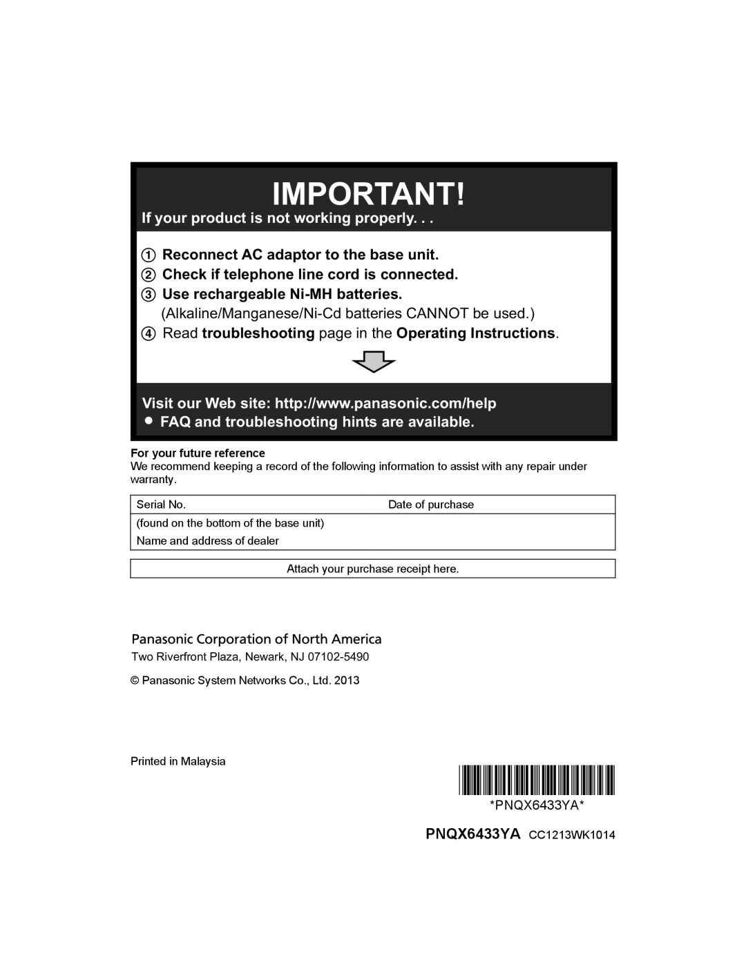 Panasonic KX-PRL262, KX-PRD262 Read troubleshooting page in the Operating Instructions, For your future reference 