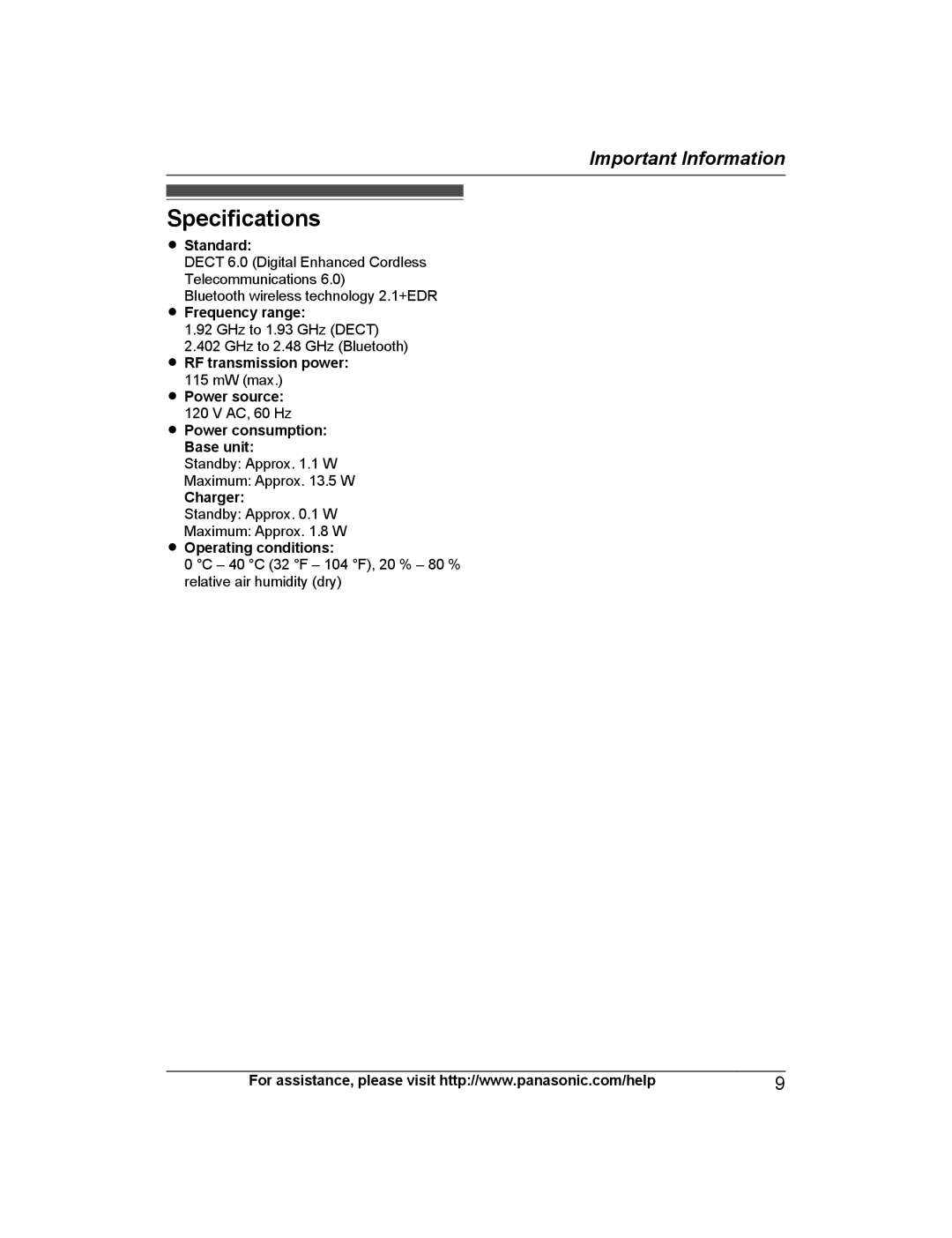 Panasonic KX-PRD262, KX-PRL262 operating instructions Specifications 