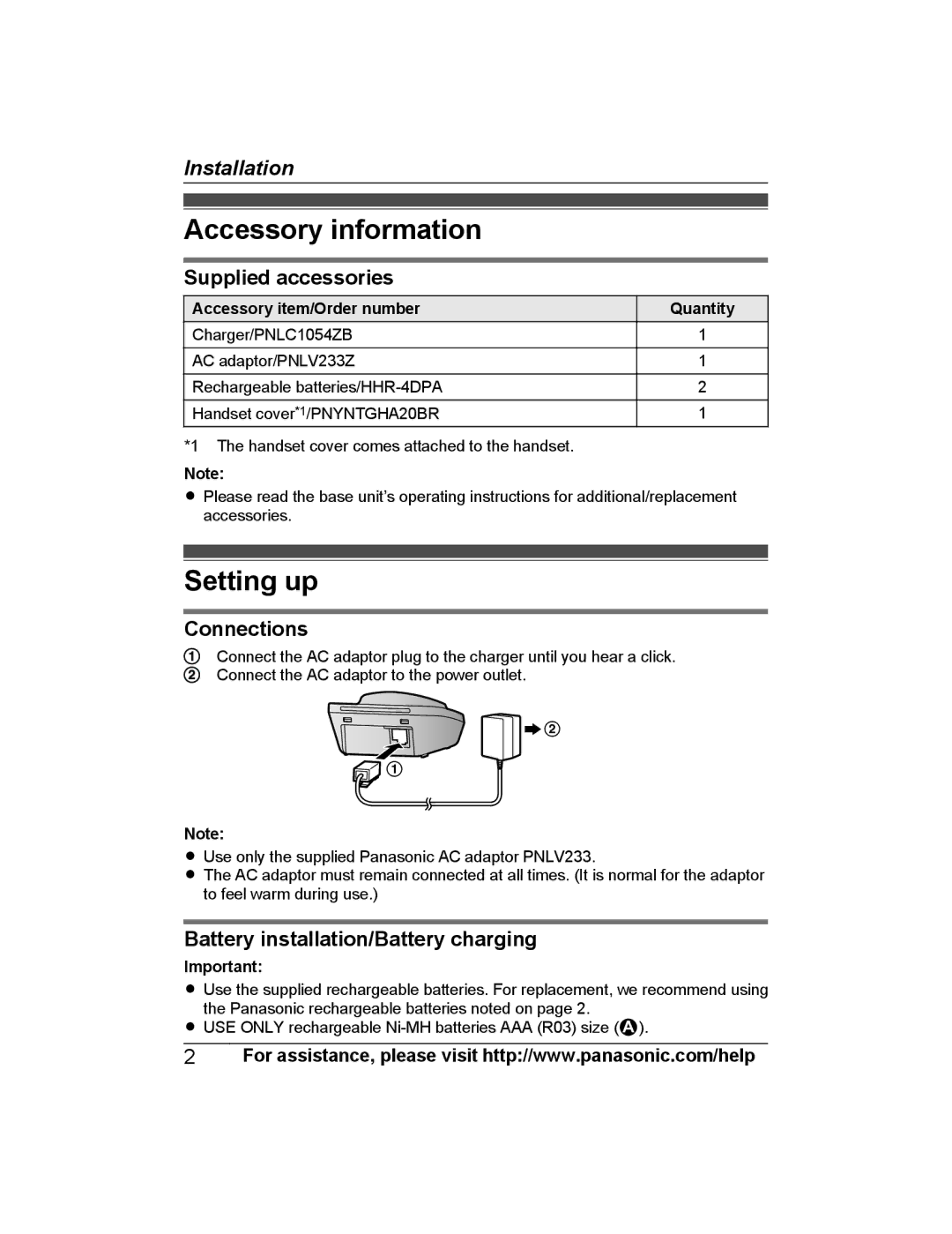 Panasonic KX-PRLA20 installation manual Accessory information, Setting up, Accessory item/Order number, Quantity 