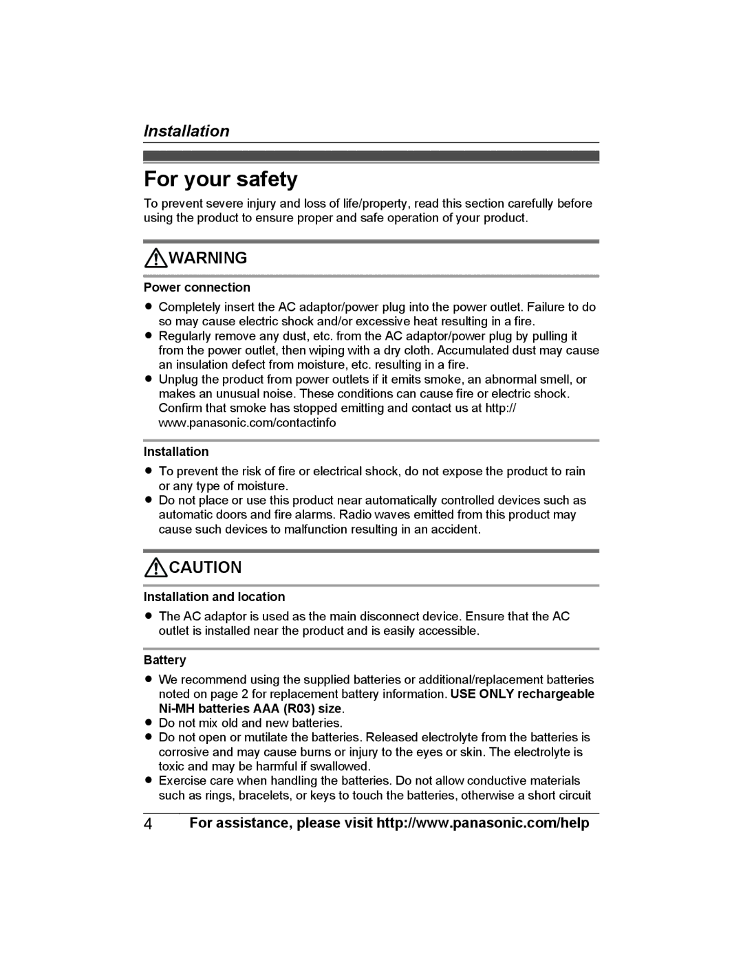 Panasonic KX-PRLA20 installation manual For your safety, Power connection, Installation and location, Battery 