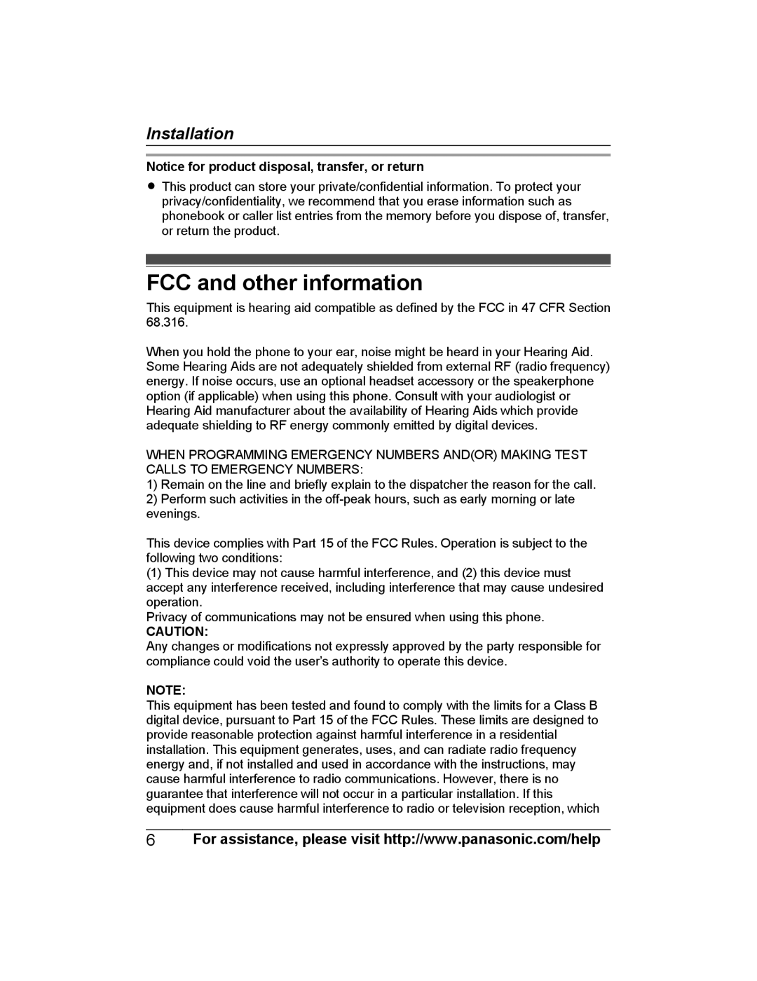 Panasonic KX-PRLA20 installation manual FCC and other information 