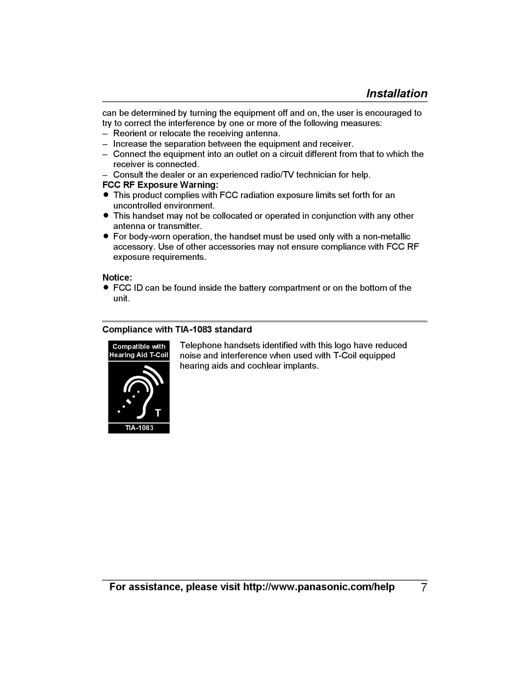 Panasonic KX-PRLA20 installation manual FCC RF Exposure Warning, Compliance with TIA-1083 standard 