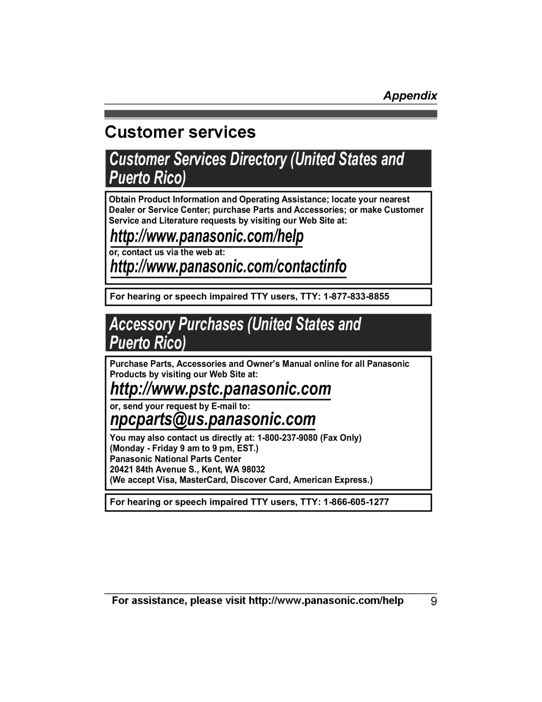 Panasonic KX-PRLA20 Customer Services Directory United States and Puerto Rico, Or, send your request by E-mail to 