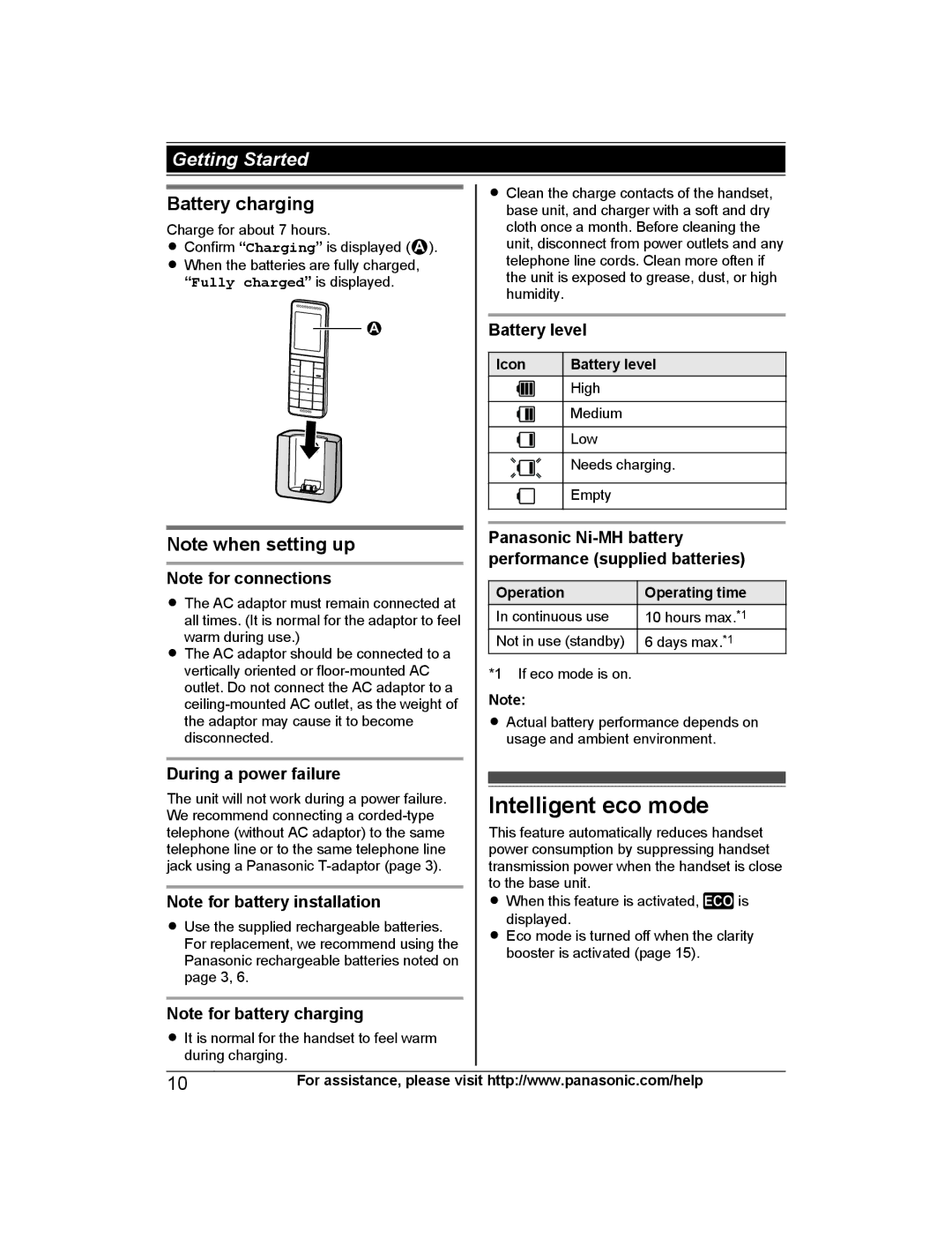 Panasonic KX-PRS120 operating instructions Intelligent eco mode, Battery charging, During a power failure, Battery level 