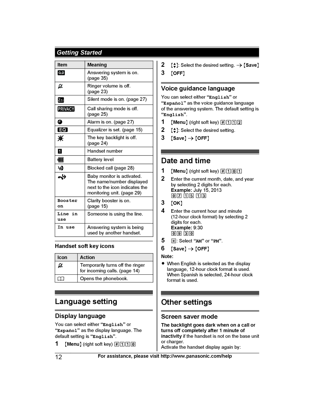 Panasonic KX-PRS120 operating instructions Language setting, Date and time, Other settings 