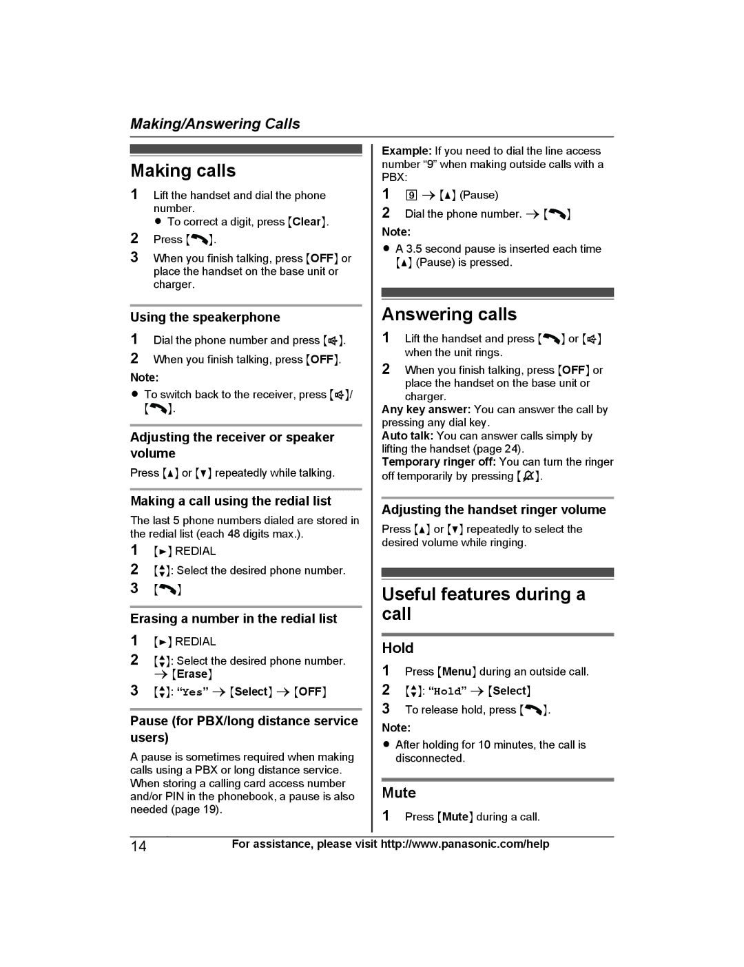 Panasonic KX-PRS120 operating instructions Making calls, Answering calls, Useful features during a call, Hold, Mute 