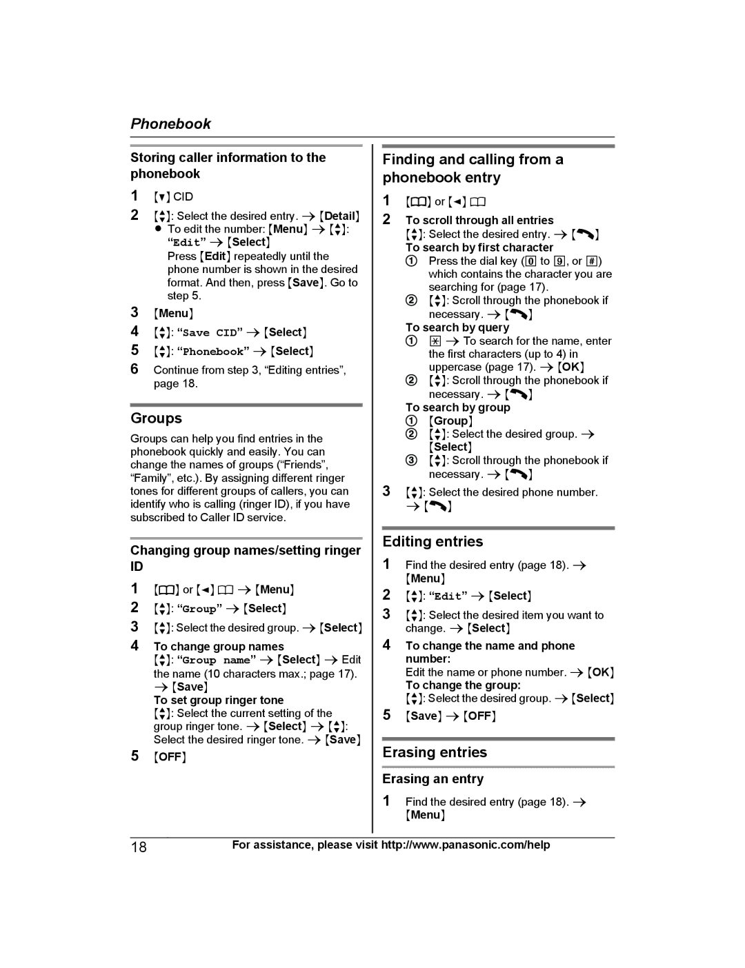 Panasonic KX-PRS120 Groups, Finding and calling from a phonebook entry, Editing entries, Erasing entries 