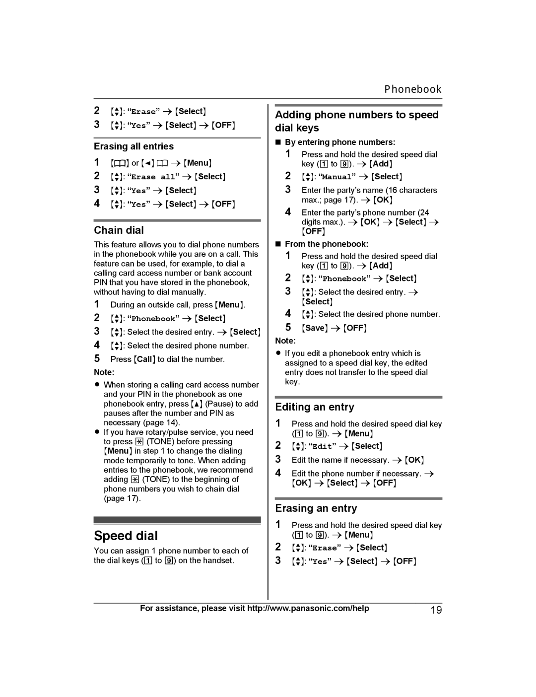 Panasonic KX-PRS120 Speed dial, Chain dial, Adding phone numbers to speed dial keys, Editing an entry, Erasing an entry 