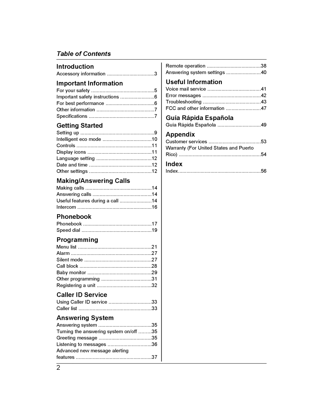 Panasonic KX-PRS120 operating instructions Table of Contents 