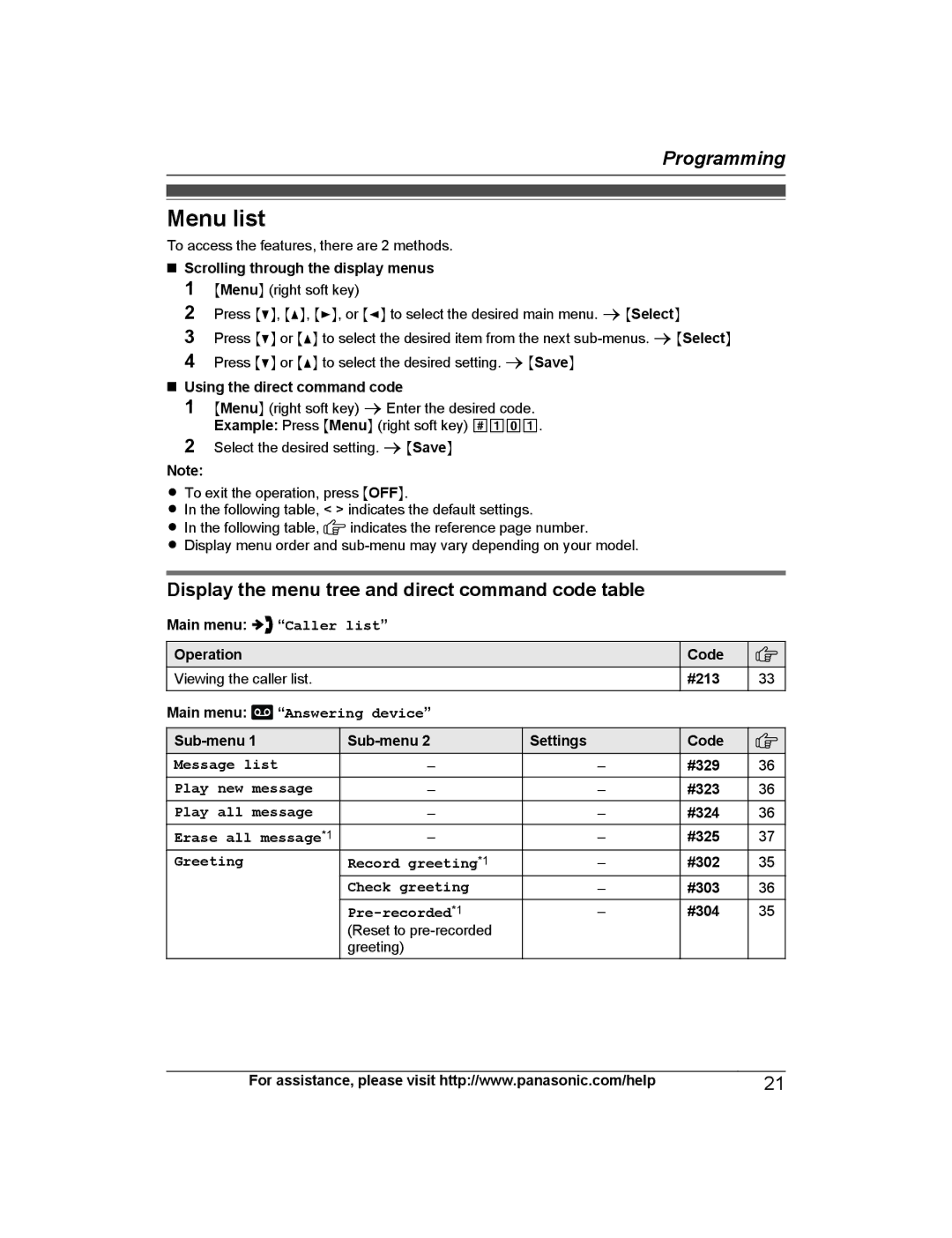 Panasonic KX-PRS120 operating instructions Menu list, Display the menu tree and direct command code table 