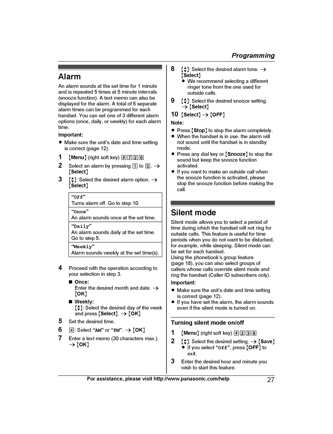 Panasonic KX-PRS120 operating instructions Alarm, Silent mode, Turning silent mode on/off, Off 