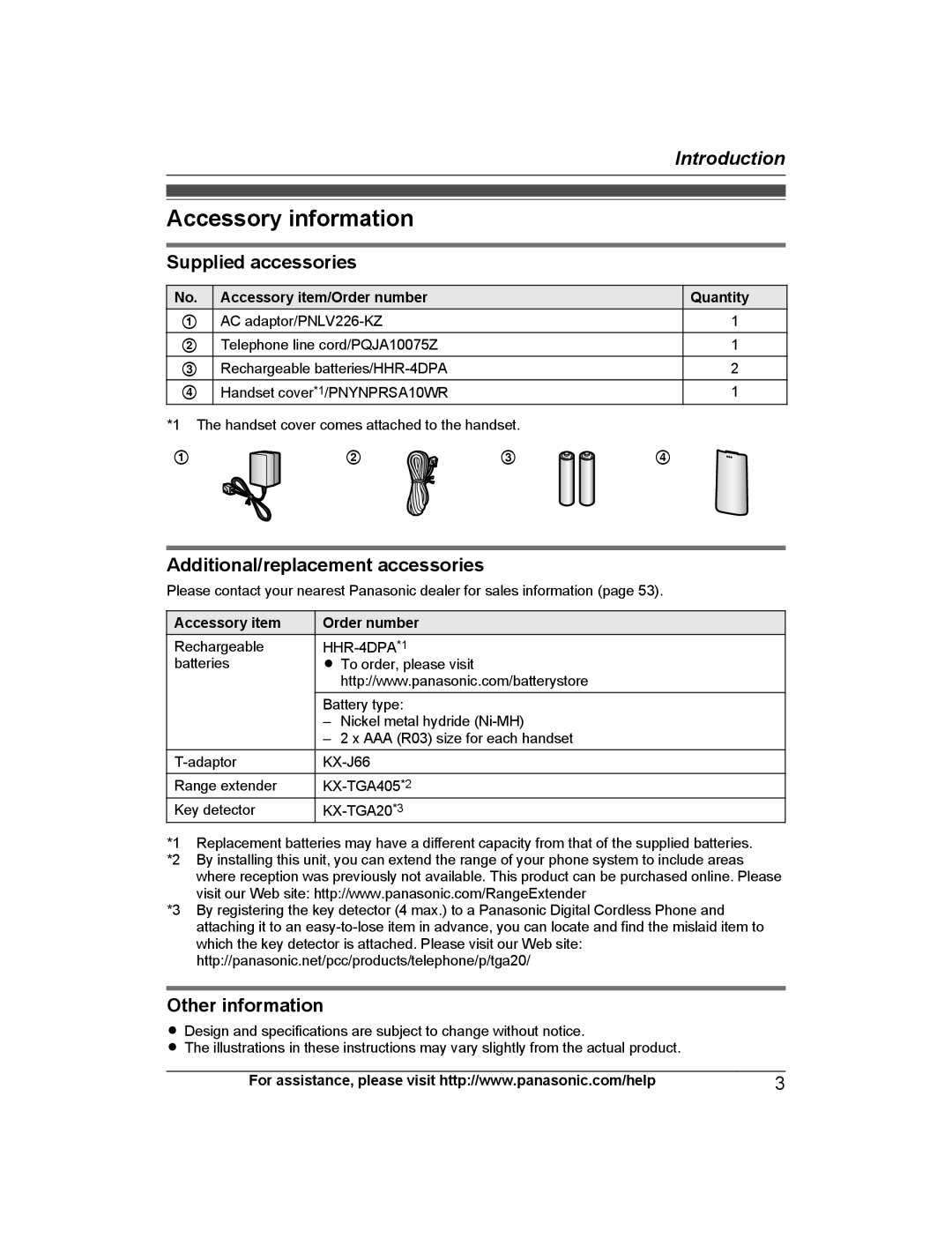 Panasonic KX-PRS120 Accessory information, Supplied accessories, Additional/replacement accessories, Other information 