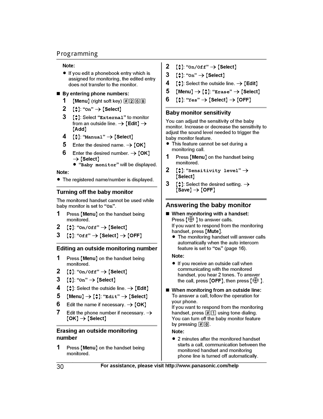 Panasonic KX-PRS120 Answering the baby monitor, Erasing an outside monitoring number, Baby monitor sensitivity 