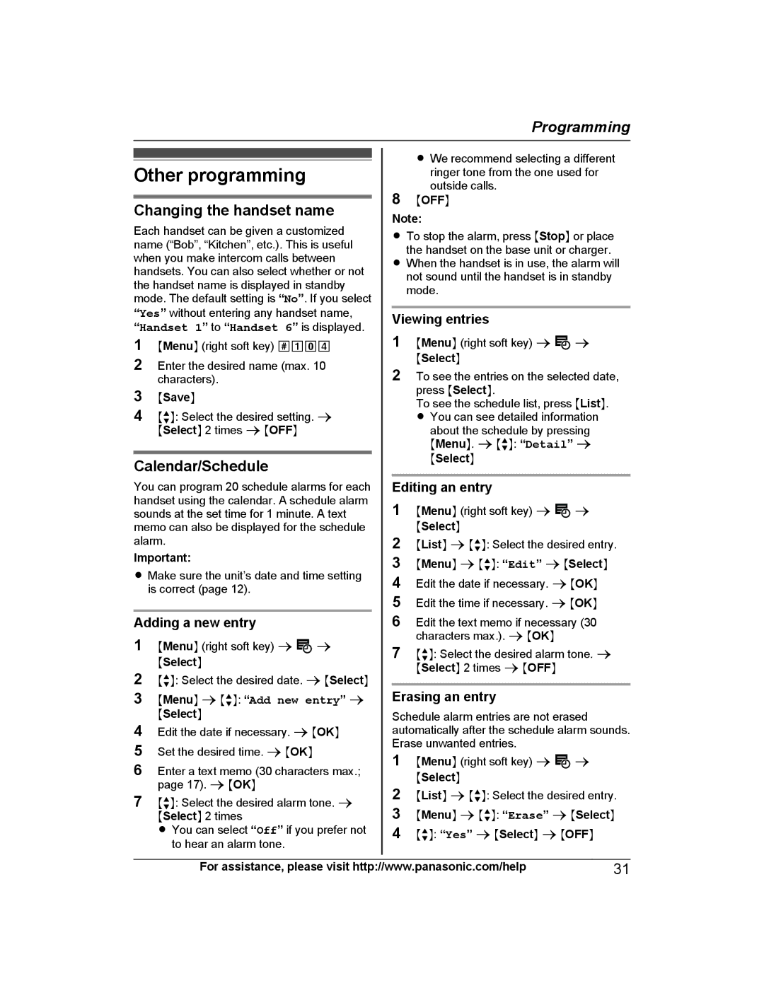 Panasonic KX-PRS120 operating instructions Other programming, Changing the handset name, Calendar/Schedule 