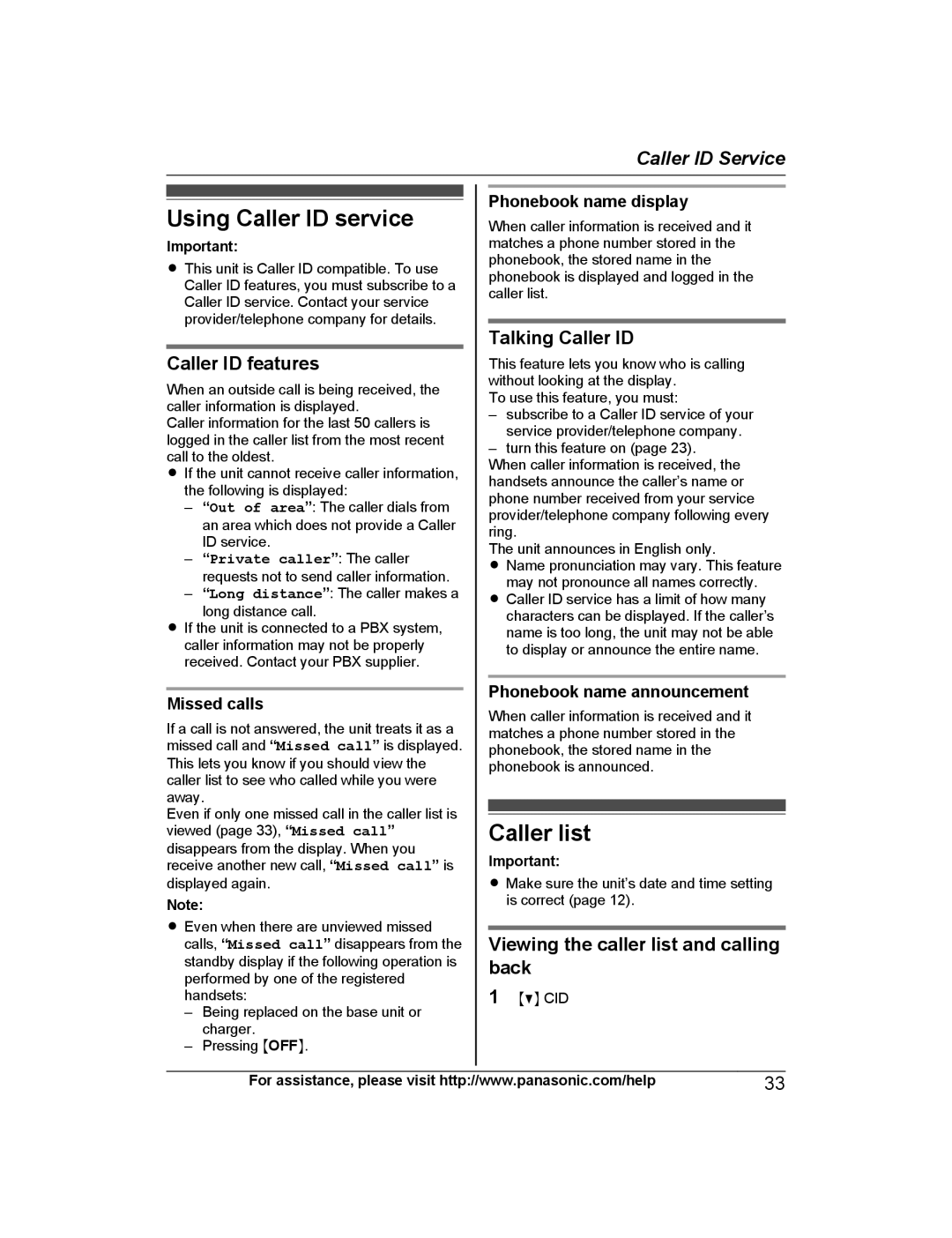 Panasonic KX-PRS120 operating instructions Using Caller ID service, Caller list, Caller ID features, Talking Caller ID 