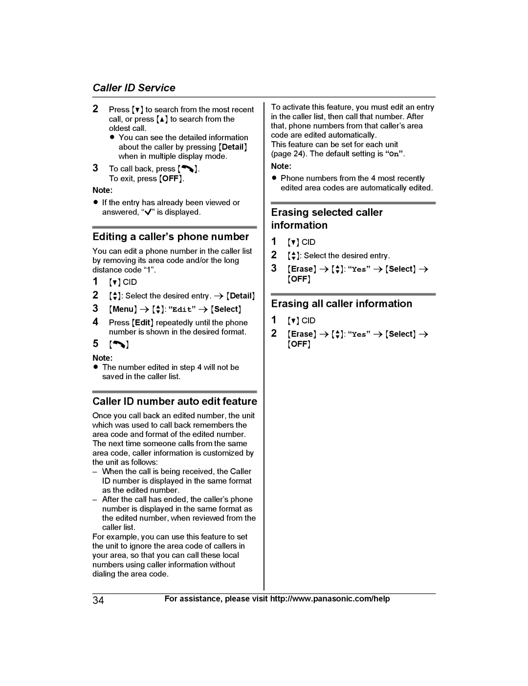 Panasonic KX-PRS120 Editing a caller’s phone number, Caller ID number auto edit feature, Erasing all caller information 