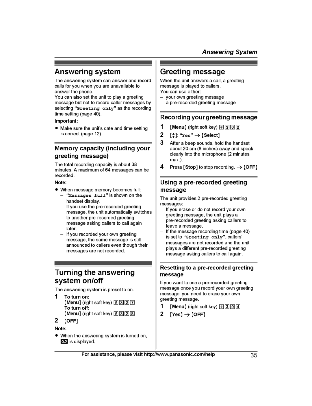 Panasonic KX-PRS120 Answering system, Greeting message, Memory capacity including your greeting message 