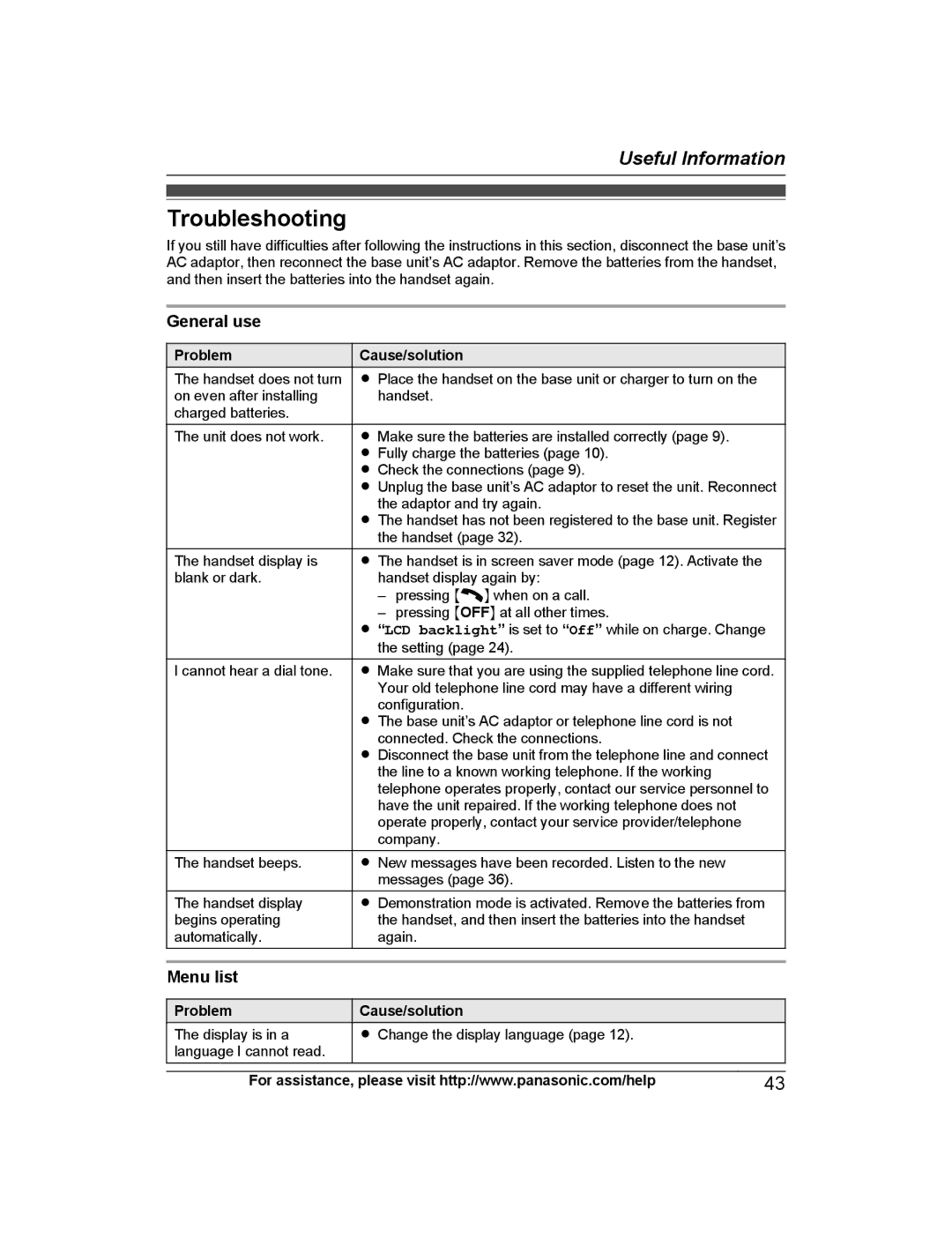 Panasonic KX-PRS120 operating instructions Troubleshooting, General use, Menu list, Problem 