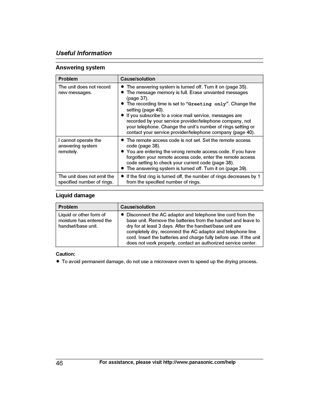 Panasonic KX-PRS120 operating instructions Answering system, Liquid damage 