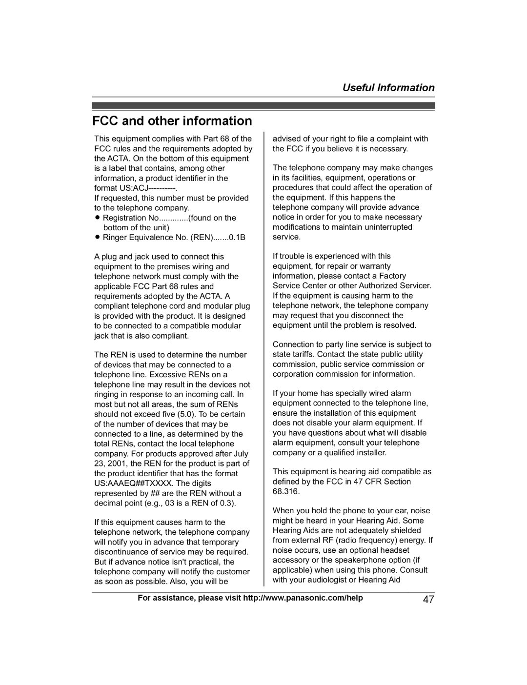 Panasonic KX-PRS120 operating instructions FCC and other information 