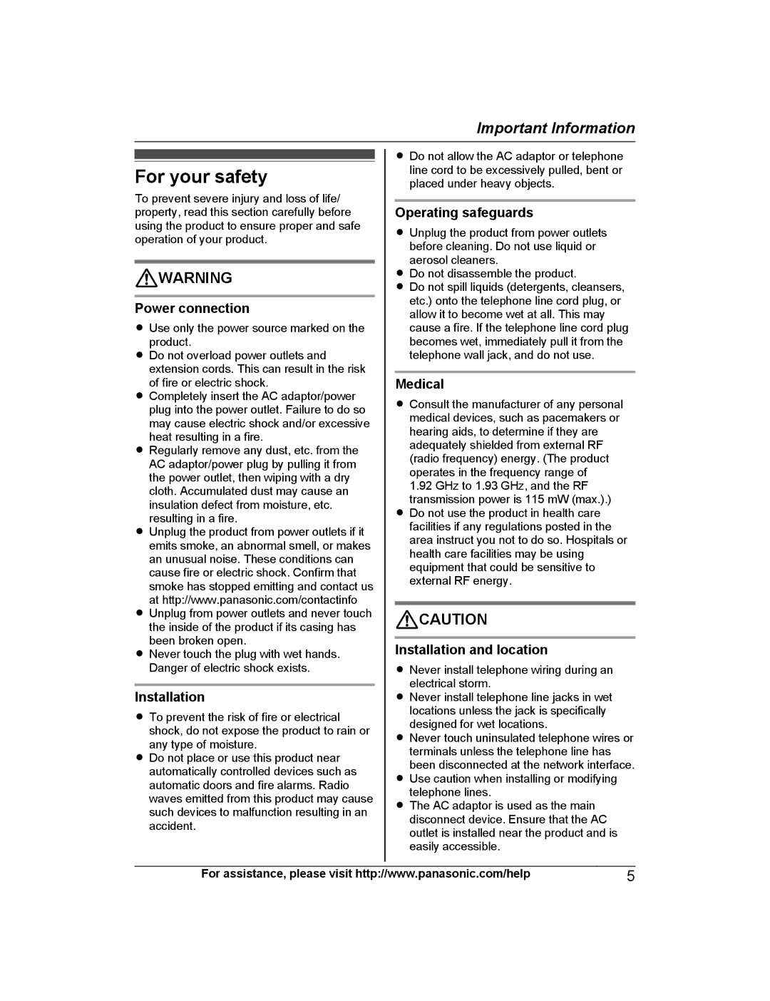 Panasonic KX-PRS120 operating instructions For your safety 