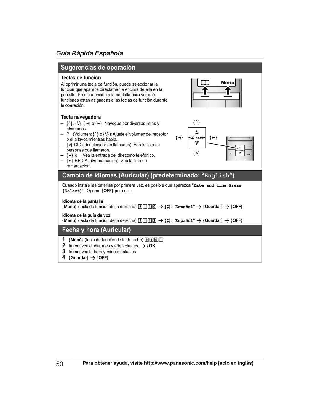 Panasonic KX-PRS120 Teclas de función, Tecla navegadora, Idioma de la pantalla, Idioma de la guía de voz, Guardar s OFF 