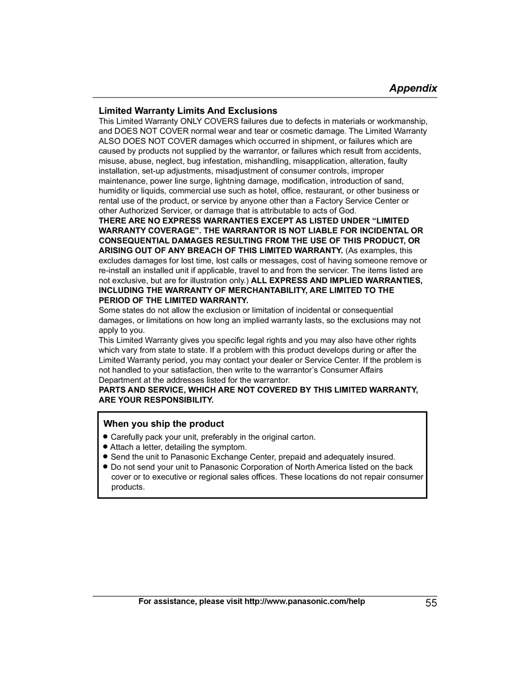 Panasonic KX-PRS120 operating instructions Limited Warranty Limits And Exclusions, When you ship the product 