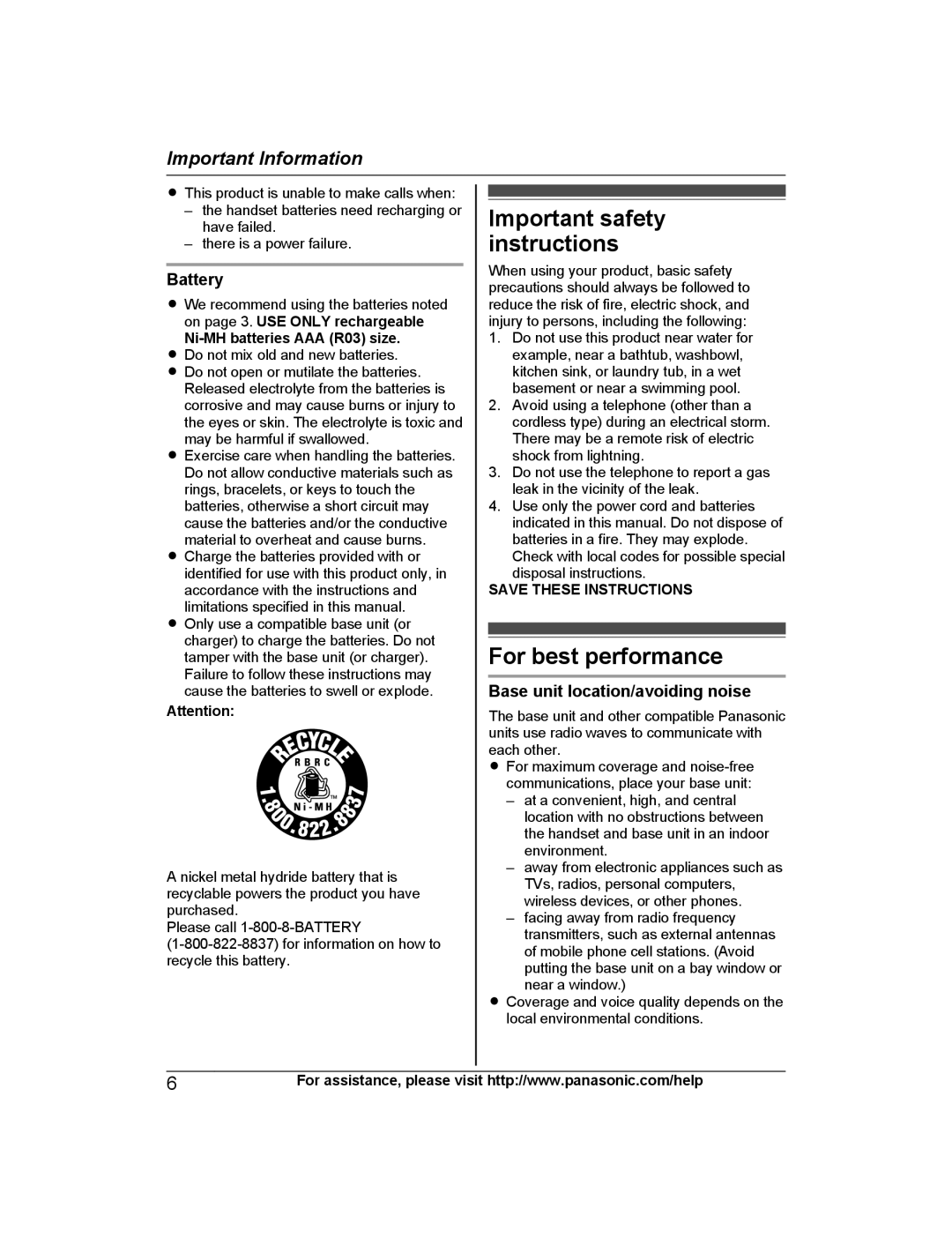 Panasonic KX-PRS120 Important safety instructions, For best performance, Battery, Base unit location/avoiding noise 