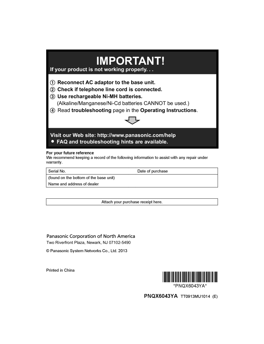 Panasonic KX-PRS120 Read troubleshooting page in the Operating Instructions, For your future reference 