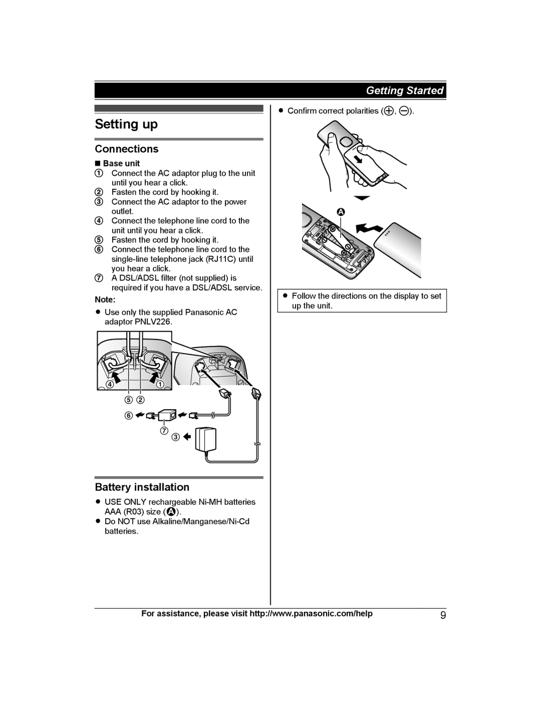 Panasonic KX-PRS120 operating instructions Setting up, Connections, Battery installation, Base unit 